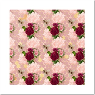 Honey Bee Neck Gator Pink Honeycomb and Roses Bee Pattern Posters and Art